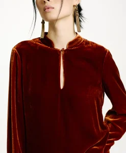 New BLOUSE AISU EN VELOURS MÉLANGE DE SOIE LISSE - Femme Chemises Et Blouses