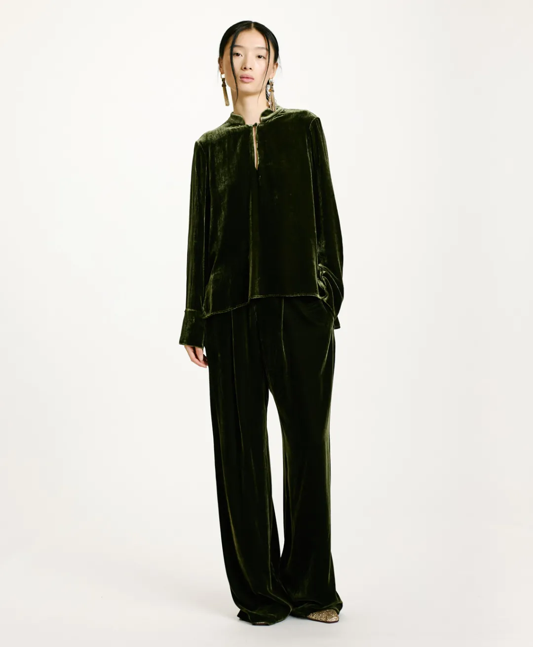 New BLOUSE AISU EN VELOURS MÉLANGE DE SOIE LISSE - VERT MATCHA Femme Chemises Et Blouses