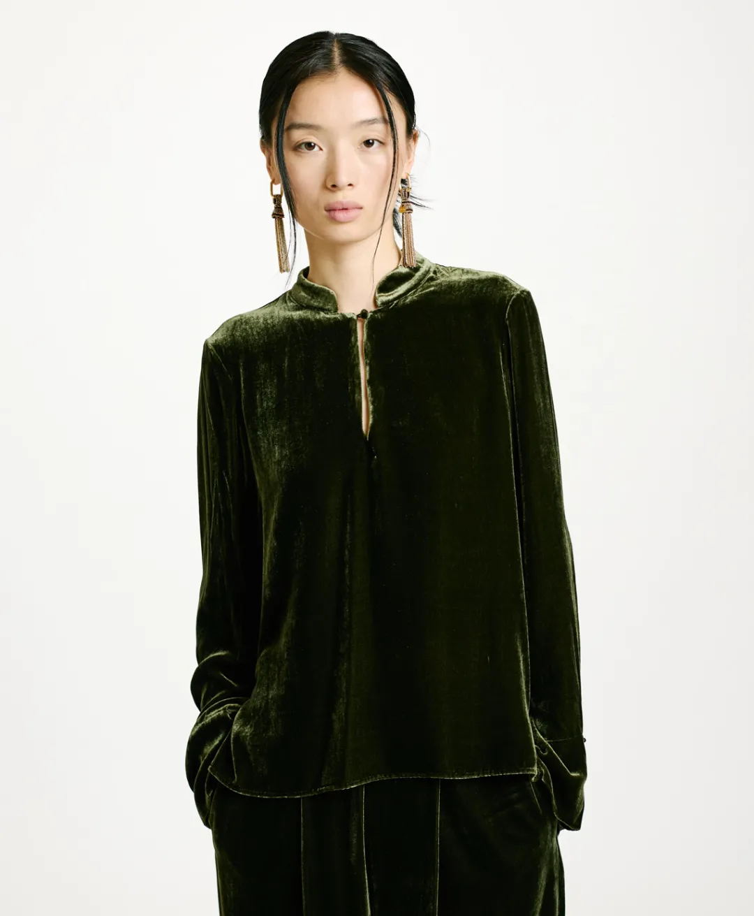 New BLOUSE AISU EN VELOURS MÉLANGE DE SOIE LISSE - VERT MATCHA Femme Chemises Et Blouses
