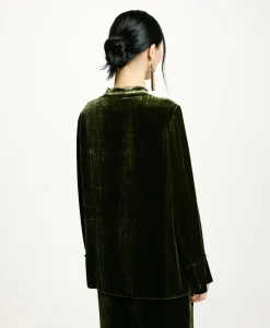 New BLOUSE AISU EN VELOURS MÉLANGE DE SOIE LISSE - VERT MATCHA Femme Chemises Et Blouses