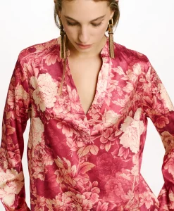 Best BLOUSE ATLANTA EN SATIN STRETCH IMPRIMÉ - FUCHSIA/CRÈME Femme Chemises Et Blouses