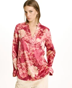 Best BLOUSE ATLANTA EN SATIN STRETCH IMPRIMÉ - FUCHSIA/CRÈME Femme Chemises Et Blouses