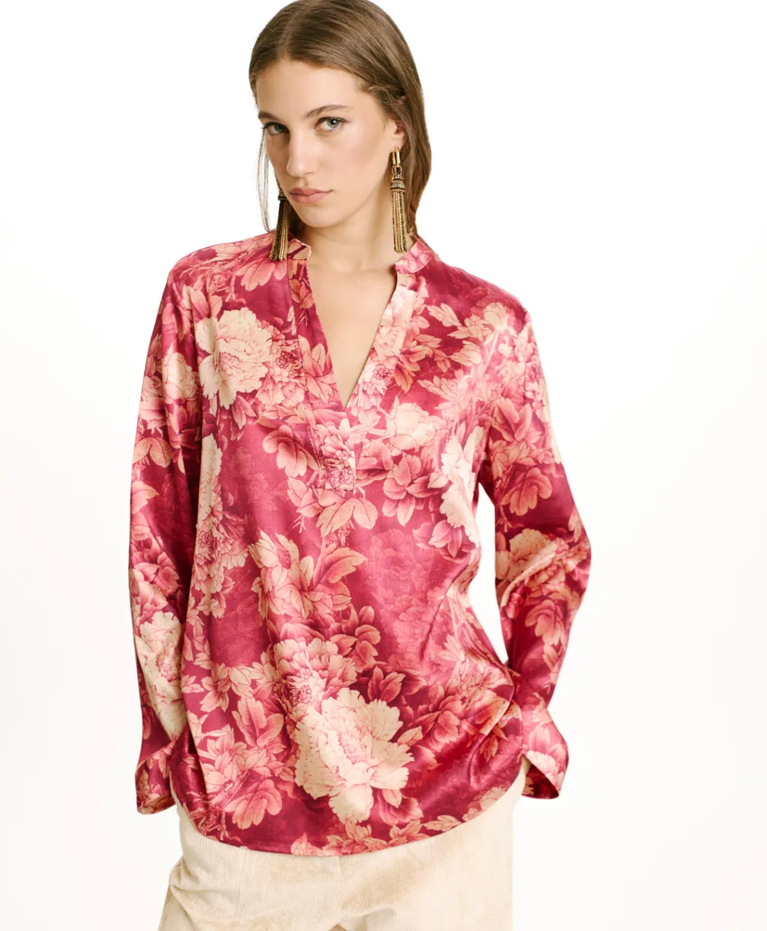 Best BLOUSE ATLANTA EN SATIN STRETCH IMPRIMÉ - FUCHSIA/CRÈME Femme Chemises Et Blouses