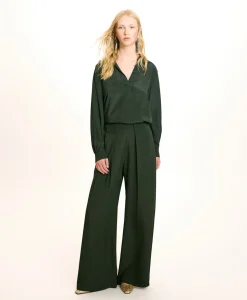 Outlet BLOUSE SUE EN ACÉTATE/SOIE UNI - FORÊT Femme Chemises Et Blouses