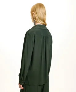 Outlet BLOUSE SUE EN ACÉTATE/SOIE UNI - FORÊT Femme Chemises Et Blouses