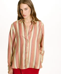New CHEMISIER ARLES EN SERGÉ DE SOIE IMPRIMÉ - VERT AQUA/ROUGE Femme Chemises Et Blouses