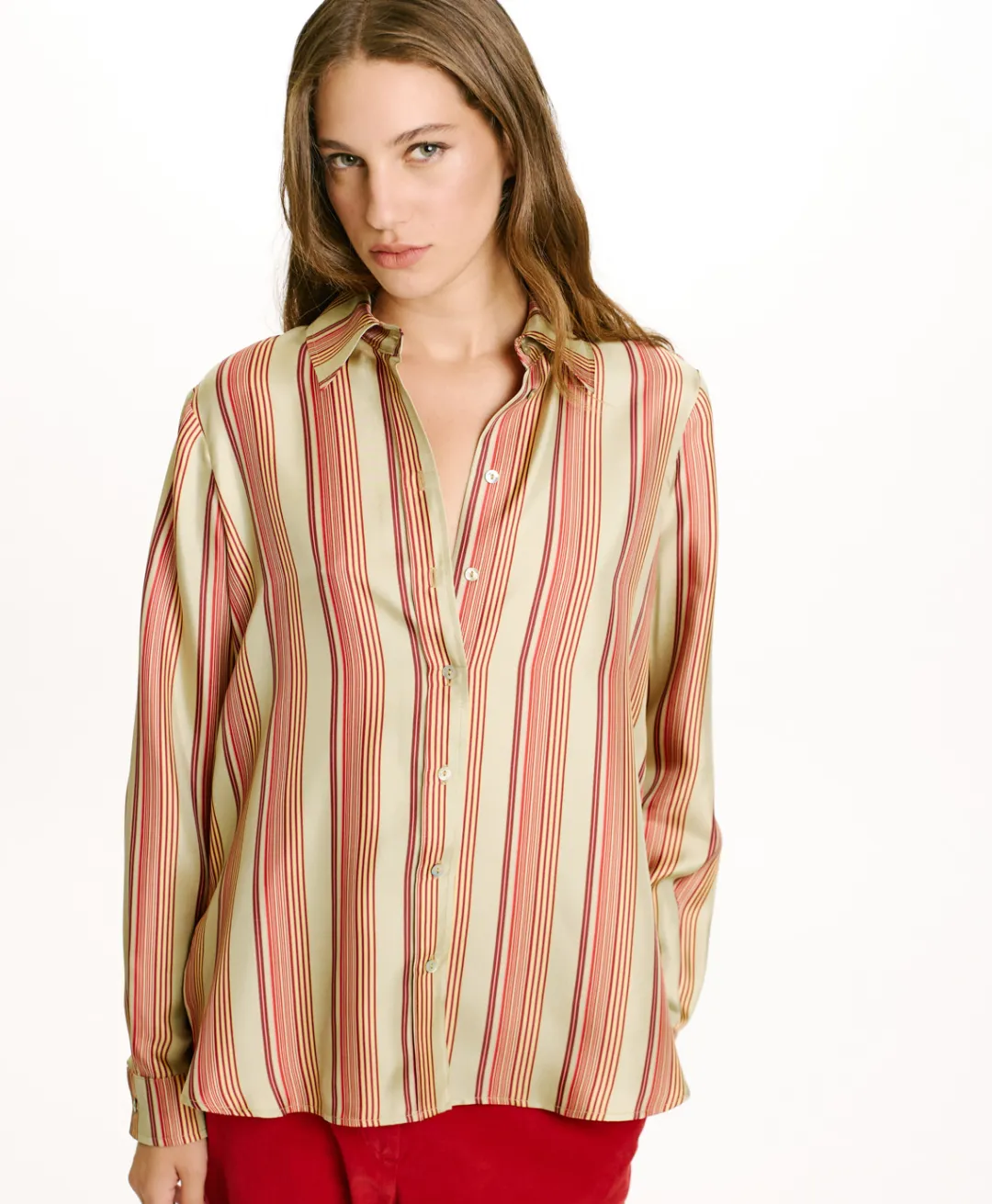 New CHEMISIER ARLES EN SERGÉ DE SOIE IMPRIMÉ - VERT AQUA/ROUGE Femme Chemises Et Blouses