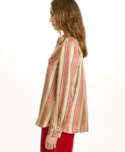 New CHEMISIER ARLES EN SERGÉ DE SOIE IMPRIMÉ - VERT AQUA/ROUGE Femme Chemises Et Blouses