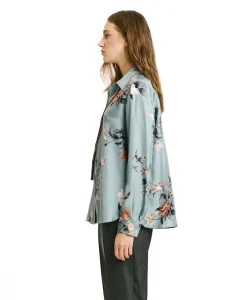 New CHEMISIER ARLES EN SERGÉ DE SOIE IMPRIMÉ - BLEU CLAIR/TABAC Femme Chemises Et Blouses