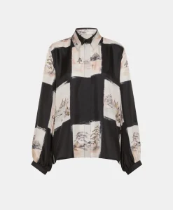 Clearance CHEMISIER ICHIGO EN SERGÉ DE SOIE IMPRIMÉ - MULTICOLORE NOIR Femme Chemises Et Blouses