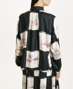 Clearance CHEMISIER ICHIGO EN SERGÉ DE SOIE IMPRIMÉ - MULTICOLORE NOIR Femme Chemises Et Blouses