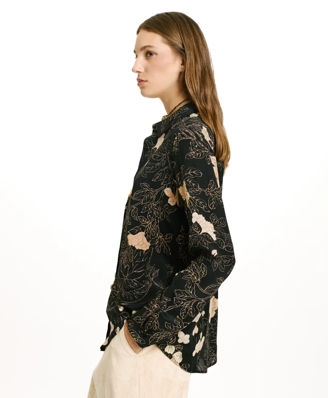 Sale CHEMISIER MEUDON EN CRÊPE DE CHINE IMPRIMÉ - NOIR/ROSE POUDRÉ Femme Chemises Et Blouses