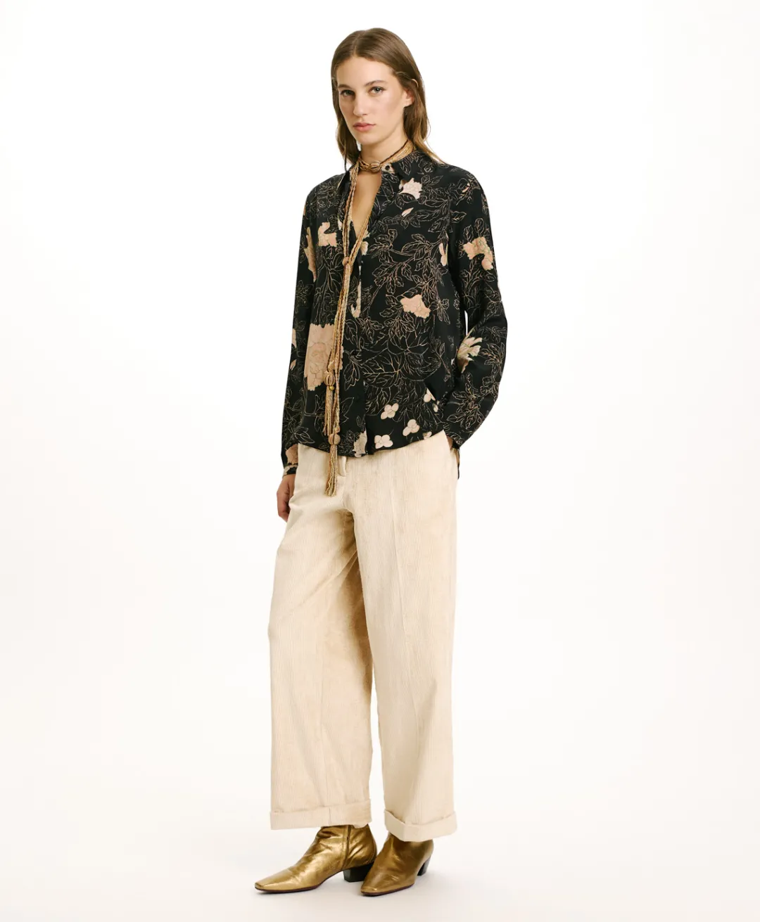 Sale CHEMISIER MEUDON EN CRÊPE DE CHINE IMPRIMÉ - NOIR/ROSE POUDRÉ Femme Chemises Et Blouses