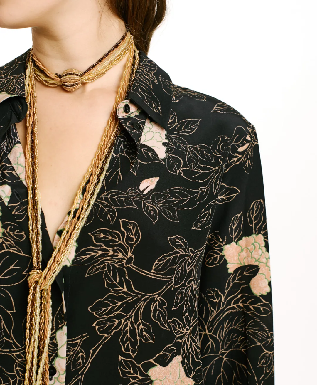 Sale CHEMISIER MEUDON EN CRÊPE DE CHINE IMPRIMÉ - NOIR/ROSE POUDRÉ Femme Chemises Et Blouses