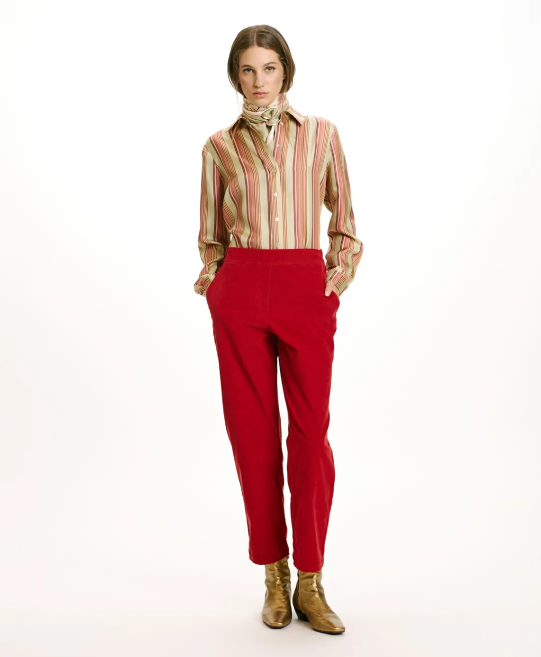 New PANTALON YOKO EN VELOURS MILLERAIE STRETCH - ROUGE CARMIN Femme Pantalons