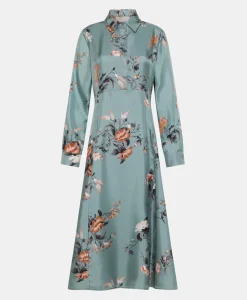 Hot ROBE CHIBA EN SERGÉ DE SOIE IMPRIMÉ - BLEU CLAIR/TABAC Femme Robes