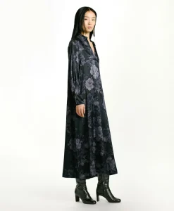 ROBE KIKYO EN SATIN STRETCH IMPRIMÉ - BLEU/BLEU NUIT Femme Robes