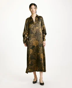 Discount ROBE KIKYO EN SATIN STRETCH IMPRIMÉ - NOIR/OLIVE Femme Robes