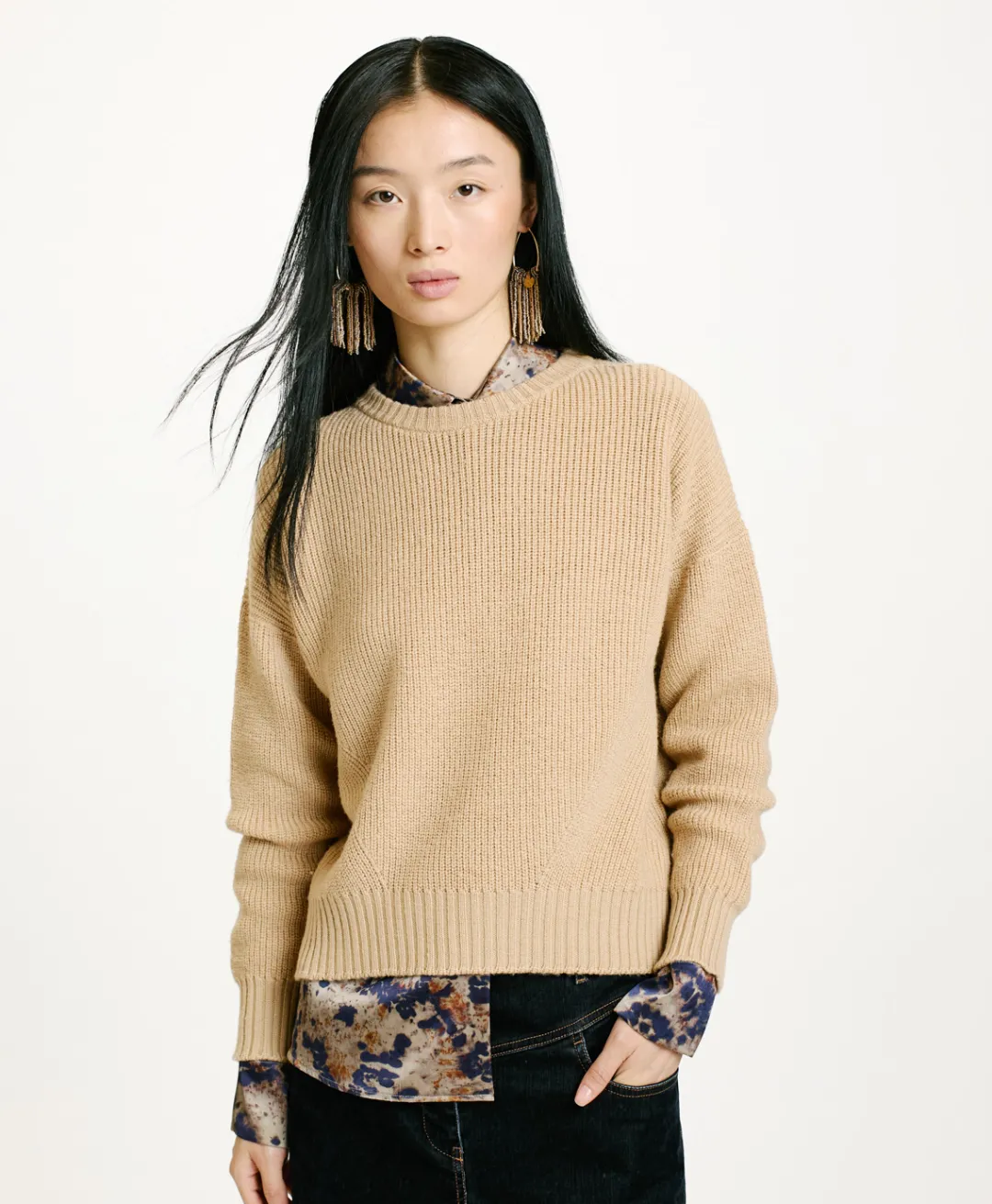 New TRICOT AKI À CÔTES EN LAINE MÉRINOS - CRÈME Femme Mailles