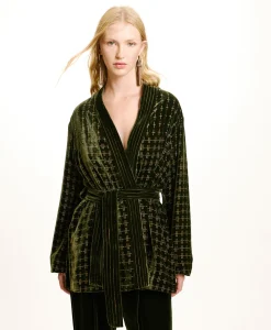 Online VESTE EUGENIE EN VELOURS MÉLANGE DE SOIE BRODÉ - VERT MATCHA Femme Vestes